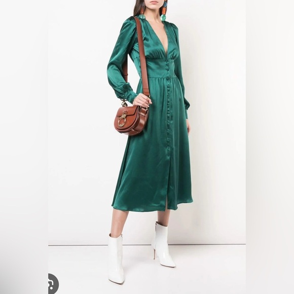 Reformation- NWT SZ 6 Nicola Green Silk Midi Dress Long Sleeves - Picture 6 of 6